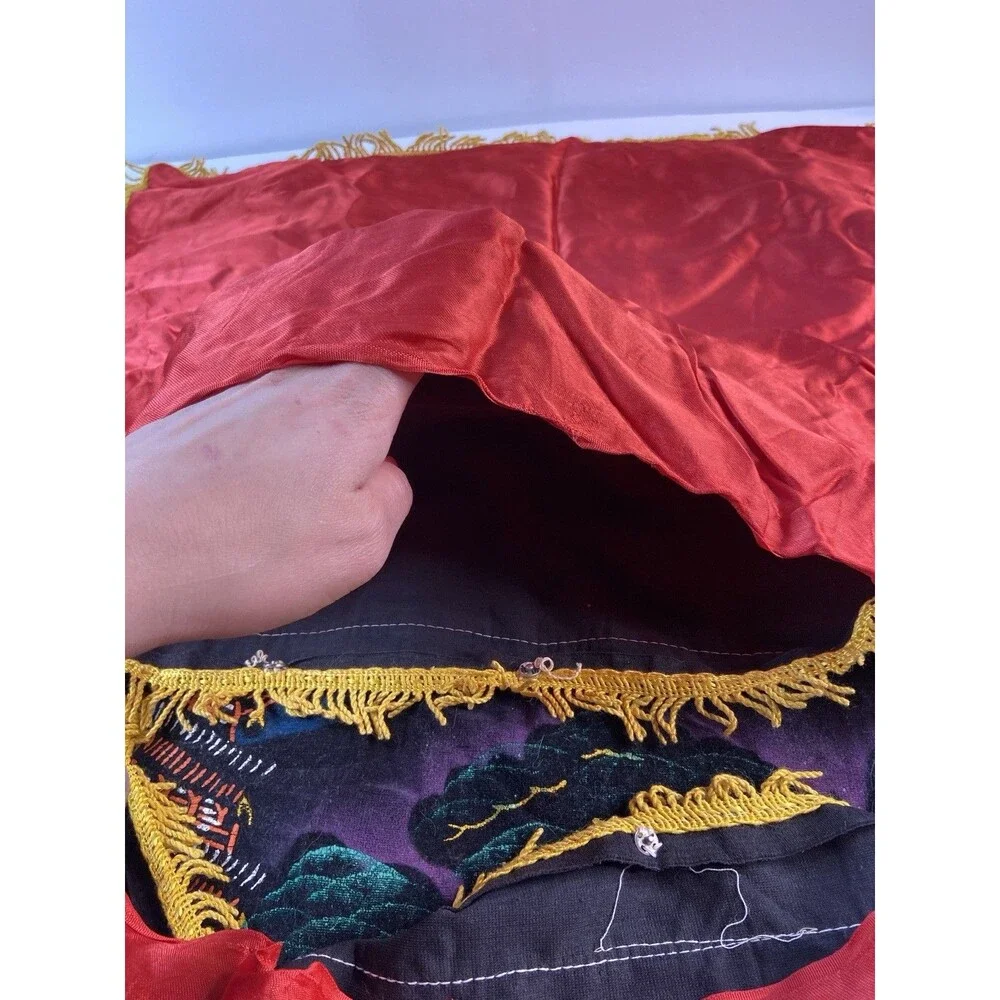 Vintage Asian Pagoda Velvet Silk Pillowcase Set Gold Fringe Oriental Decor -2